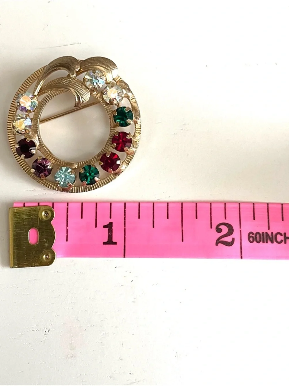 Vintage Gold Tone AB Rhinestone Wreath Circle Brooch Pin Multicolor Mid Century